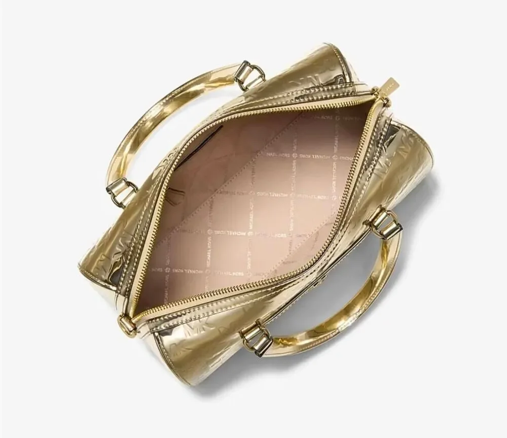NWOT~MICHAEL KORS Jet Set Medium Metallic Logo Debossed Satchel in Pale Gold